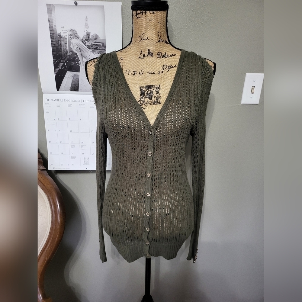 Alberto Makali Knit Button Down V Neck Olive Sweater with Beaded Open Shoulders